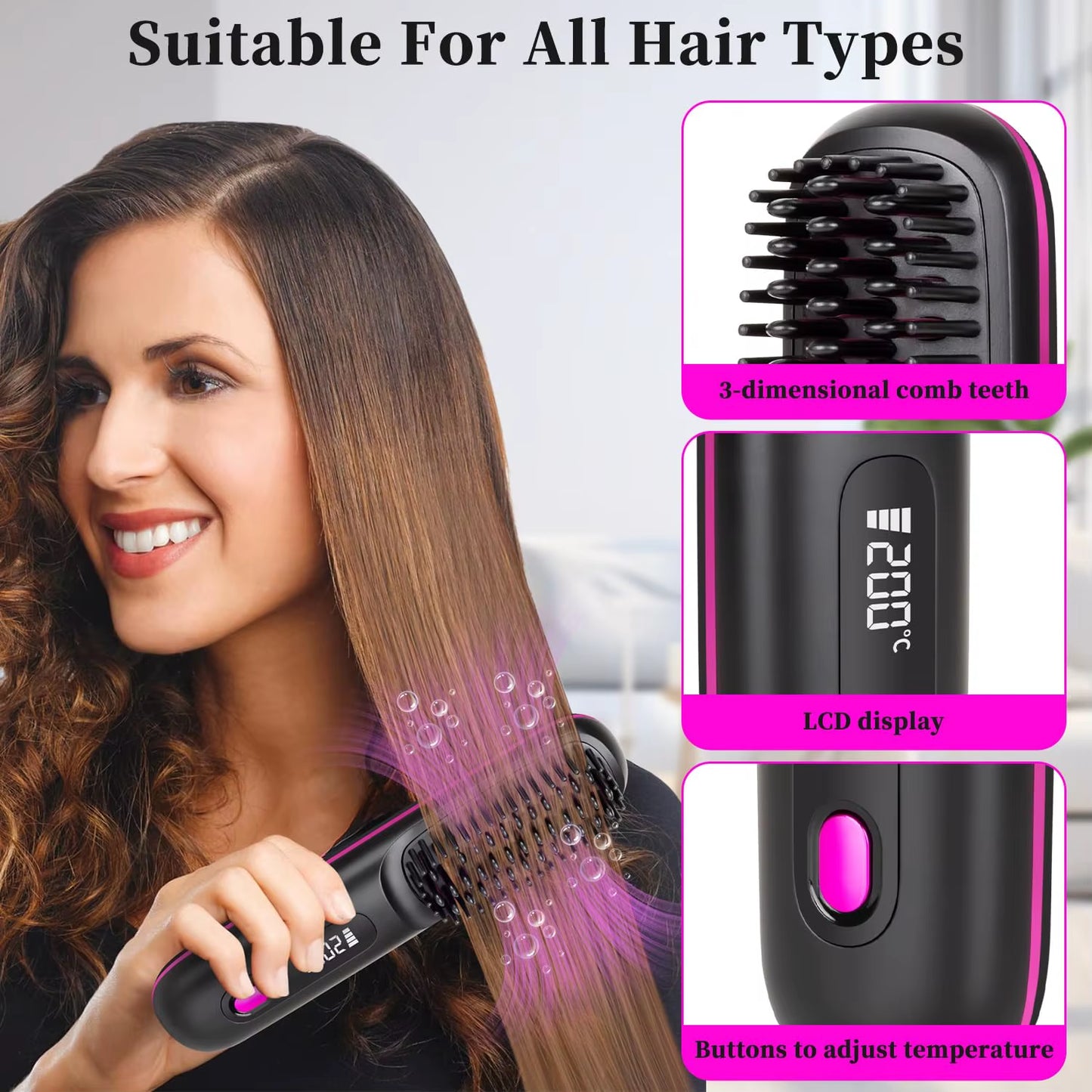 USB Charging Portable Hair Straightener Brush, Cordless Straightening Comb LED Display & Ceramic Coating, Ionic Technology